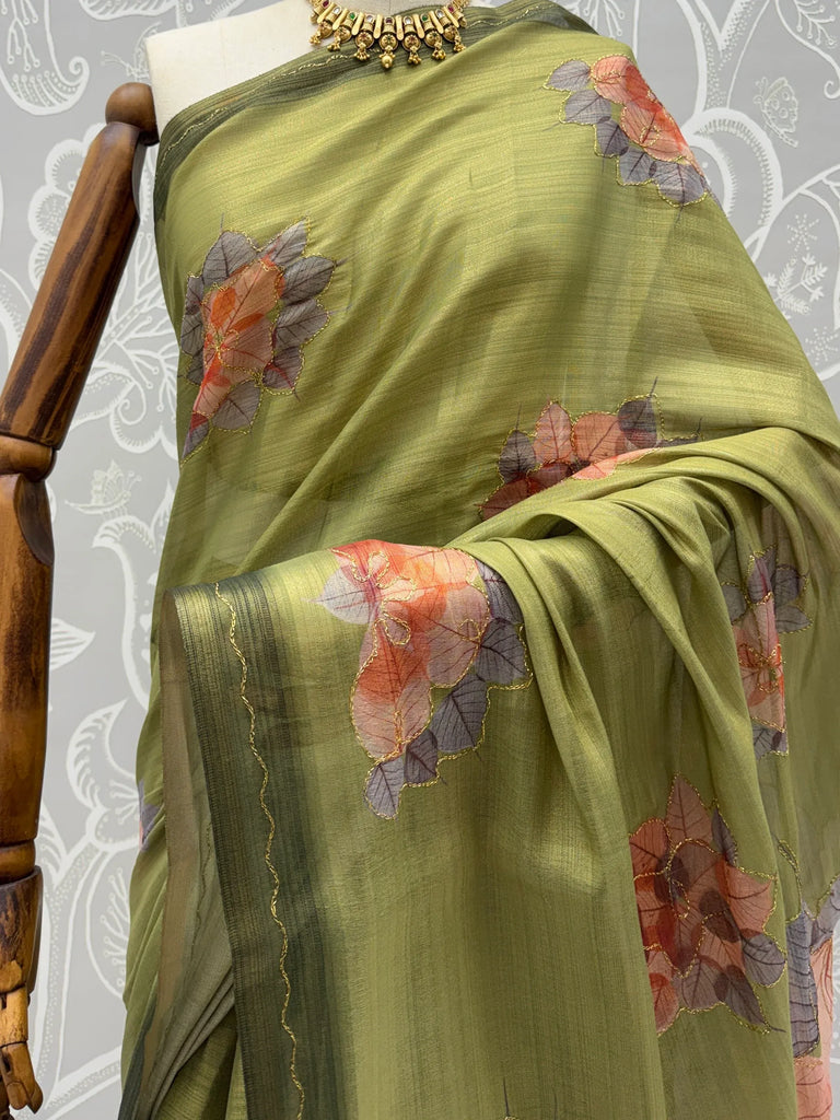 Majestic Green Floral Printed Silk Mehendi Wear Saree With Blouse