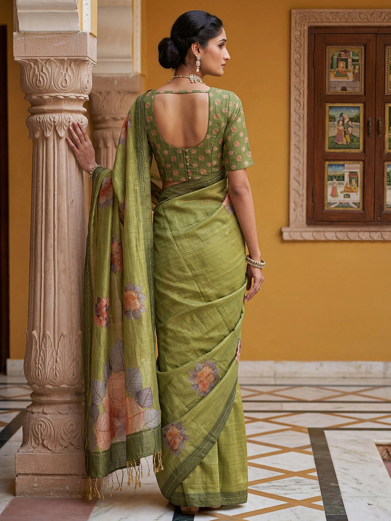 Majestic Green Floral Printed Silk Mehendi Wear Saree With Blouse