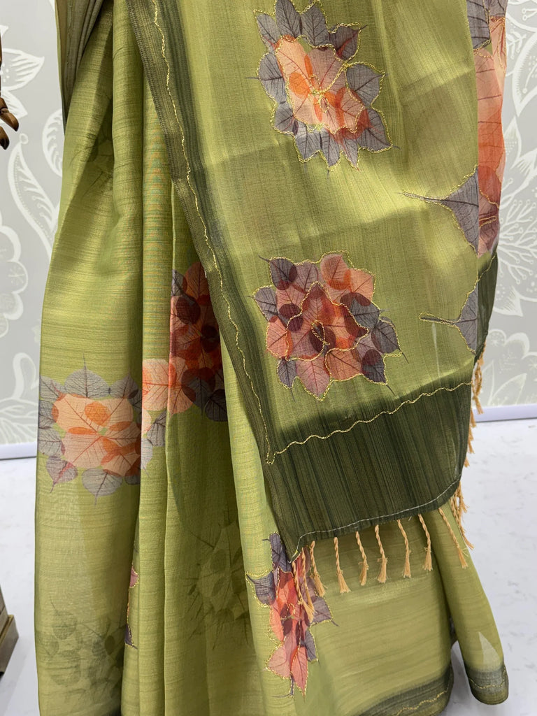 Majestic Green Floral Printed Silk Mehendi Wear Saree With Blouse