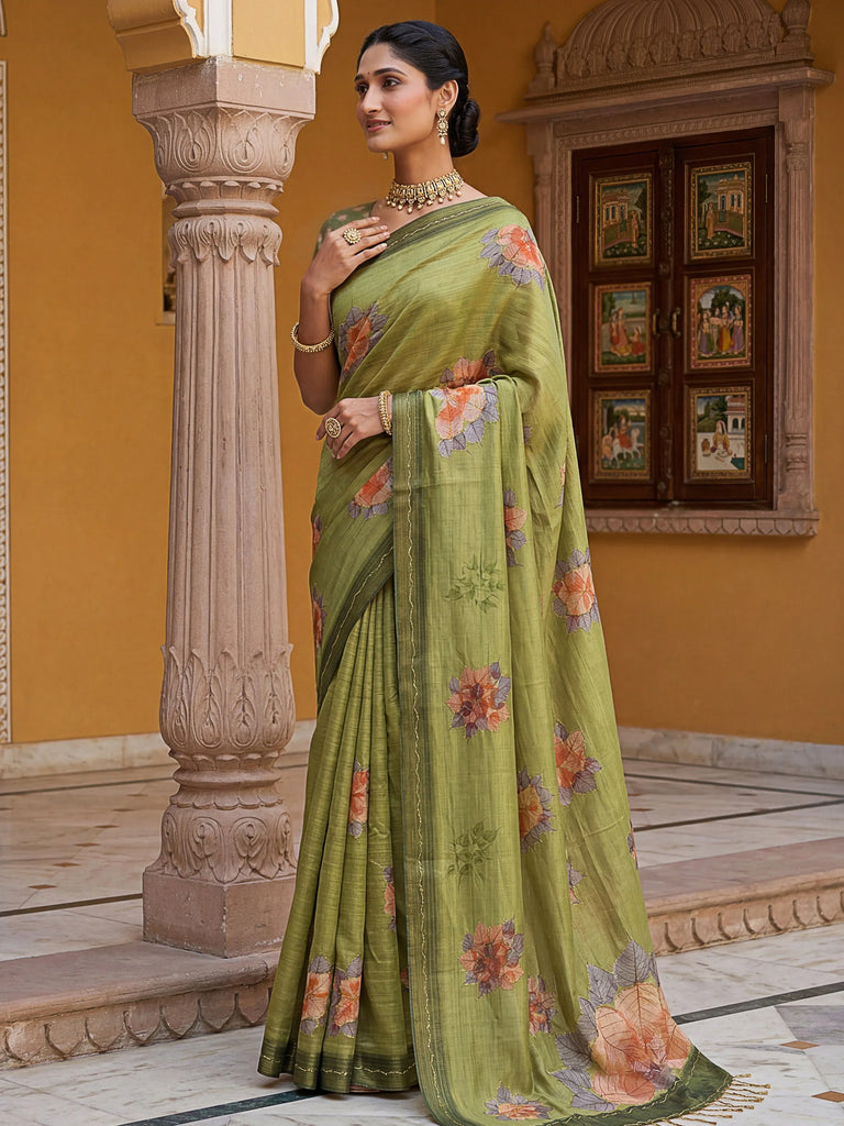 Majestic Green Floral Printed Silk Mehendi Wear Saree With Blouse