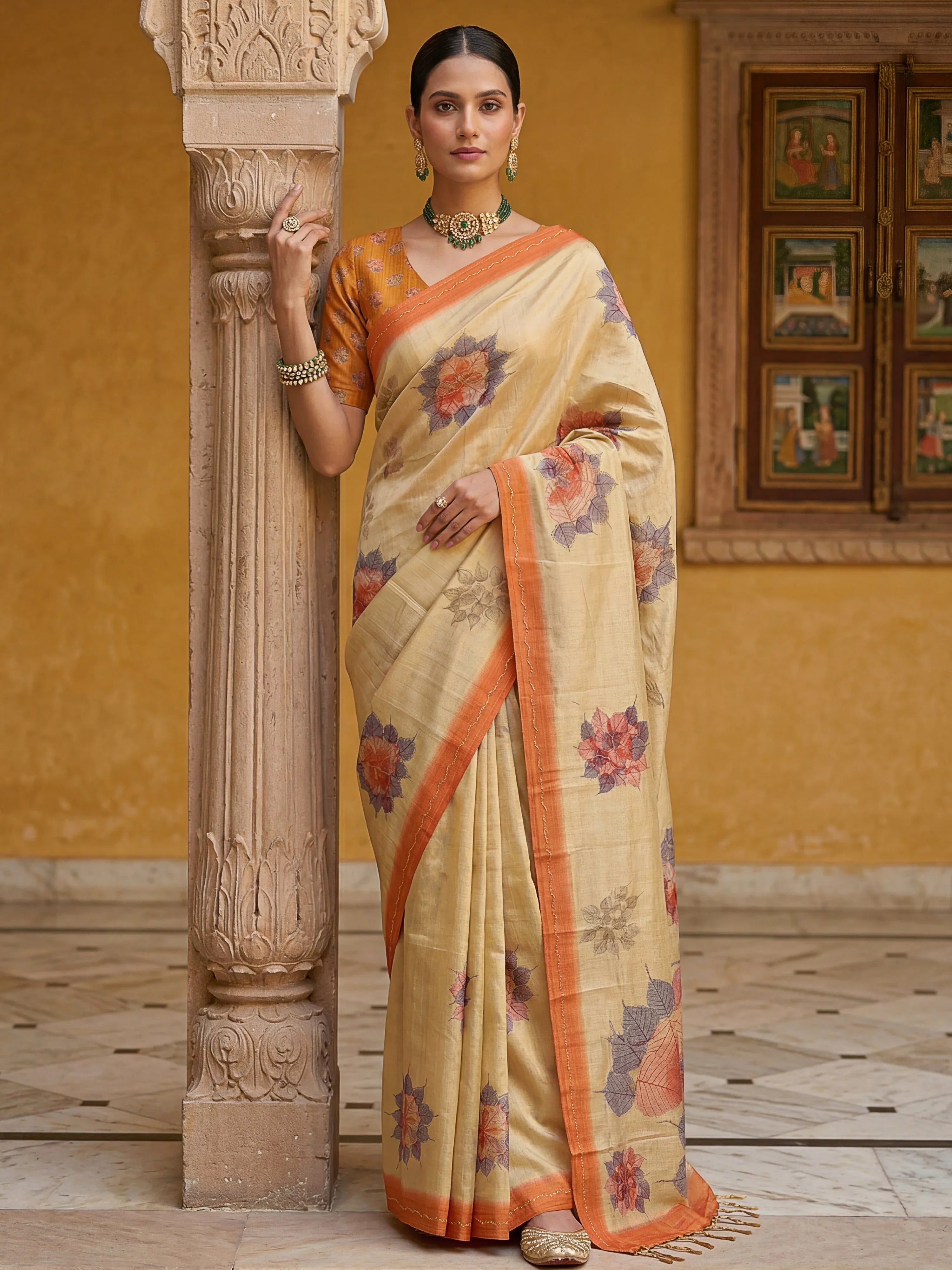 Fabulous Beige Dori Work Silk Function Wear Saree With Blouse