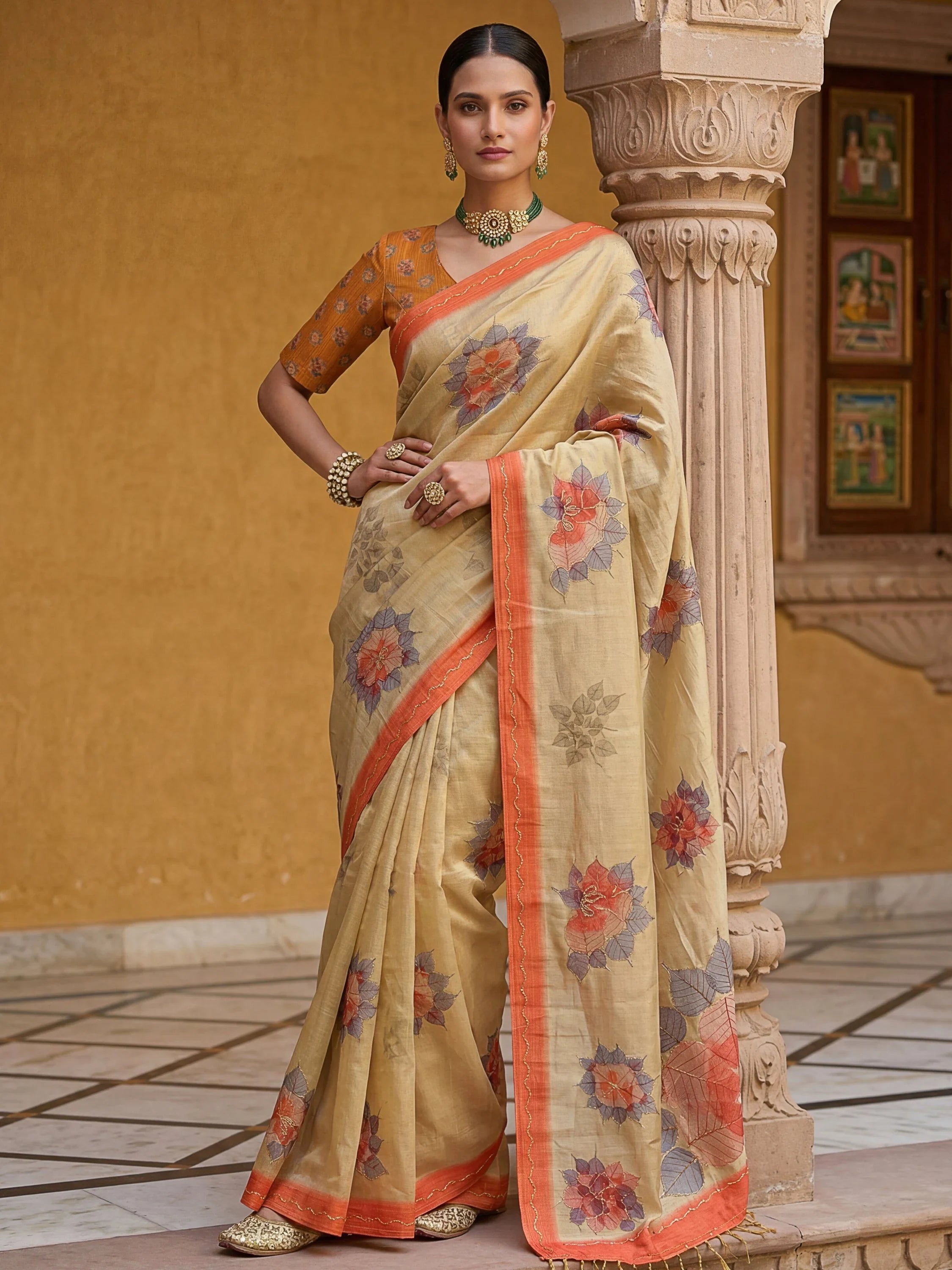 Fabulous Beige Dori Work Silk Function Wear Saree With Blouse