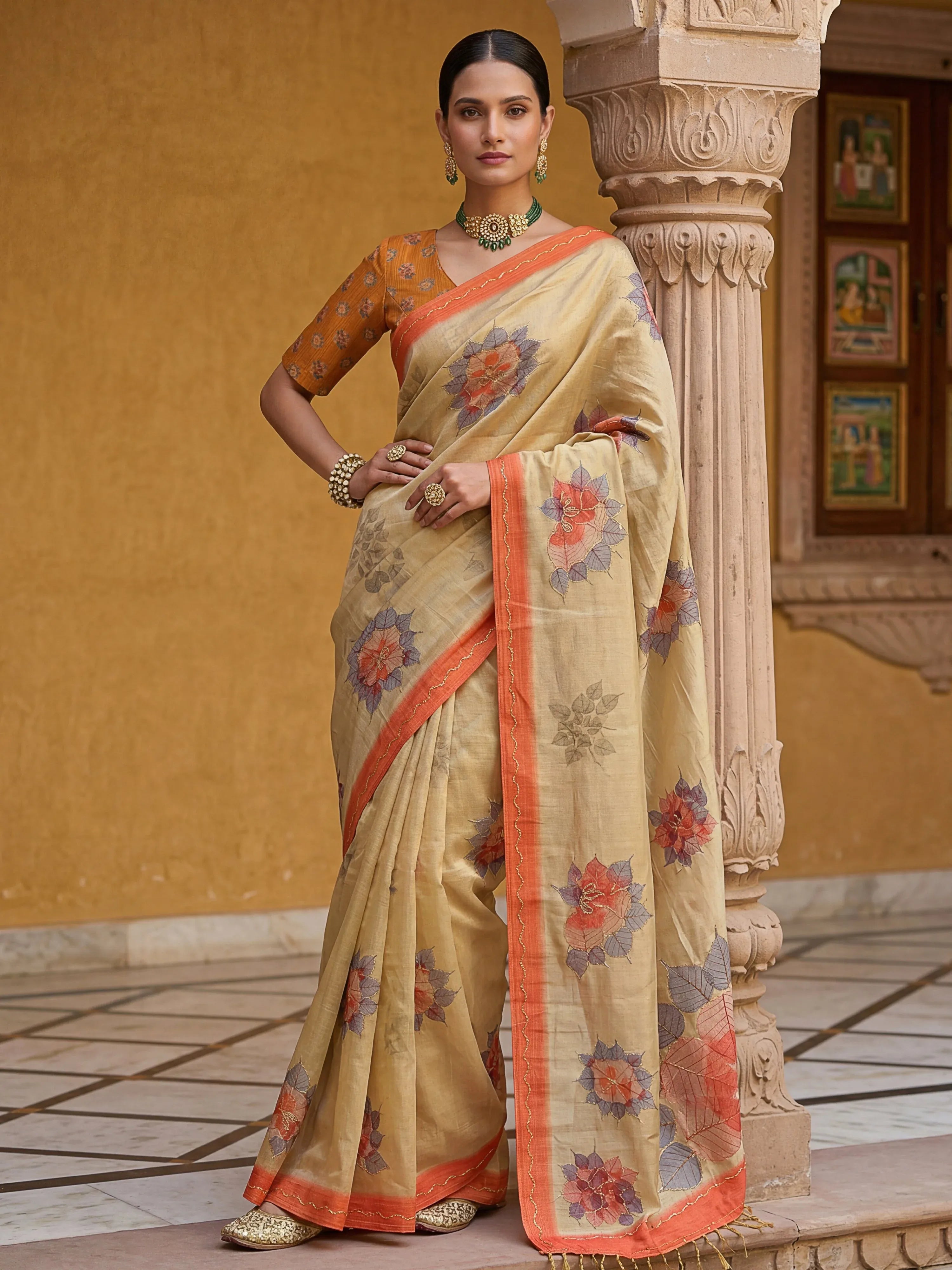 Fabulous Beige Dori Work Silk Function Wear Saree With Blouse