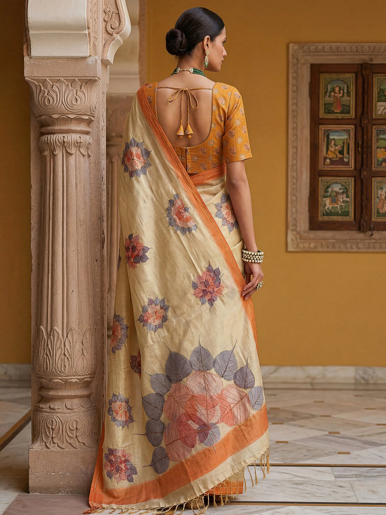 Fabulous Beige Dori Work Silk Function Wear Saree With Blouse