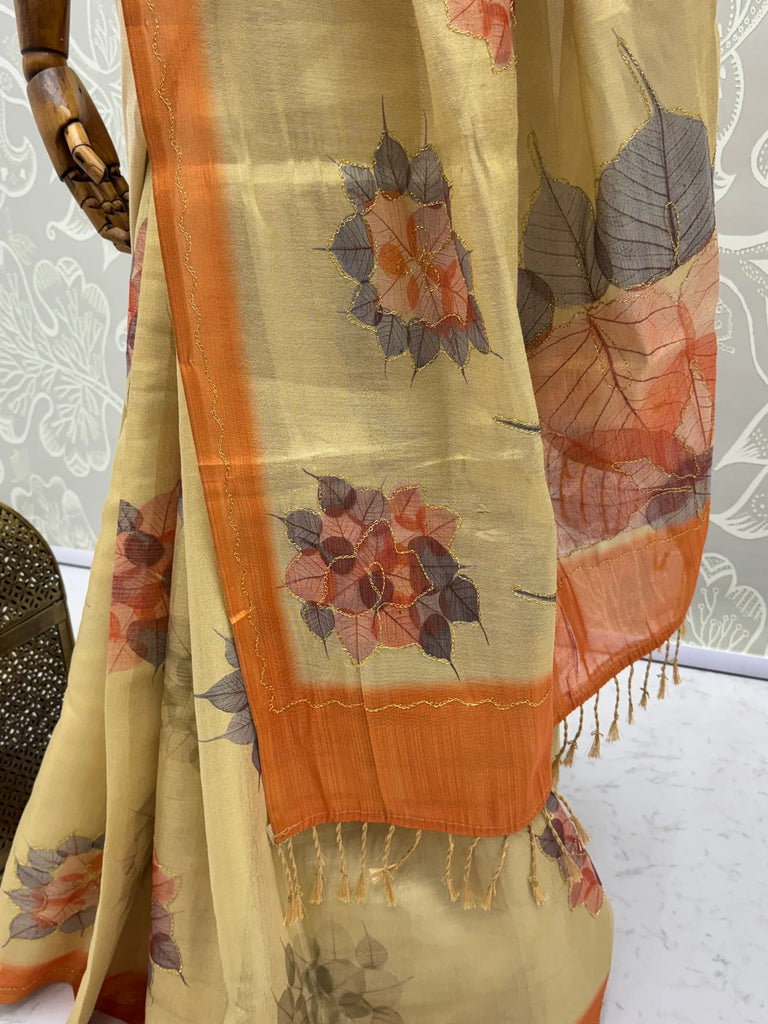 Fabulous Beige Dori Work Silk Function Wear Saree With Blouse