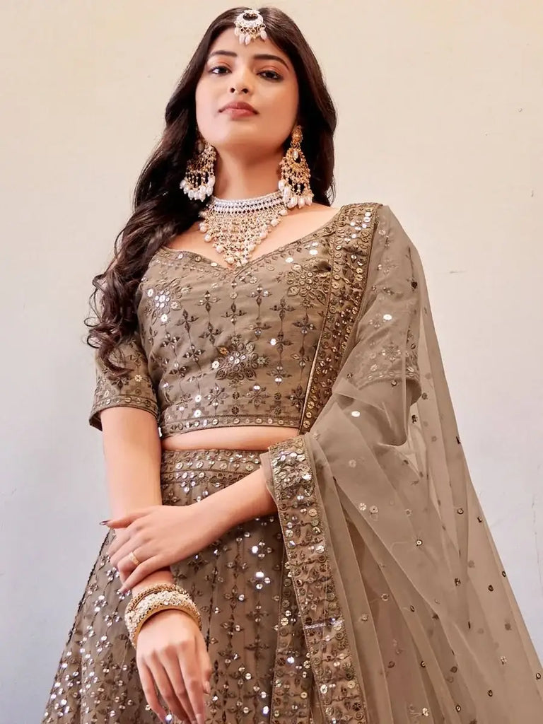 Sassy Light-Brown Sequines Embroidery Net Cocktail party Lehenga Choli