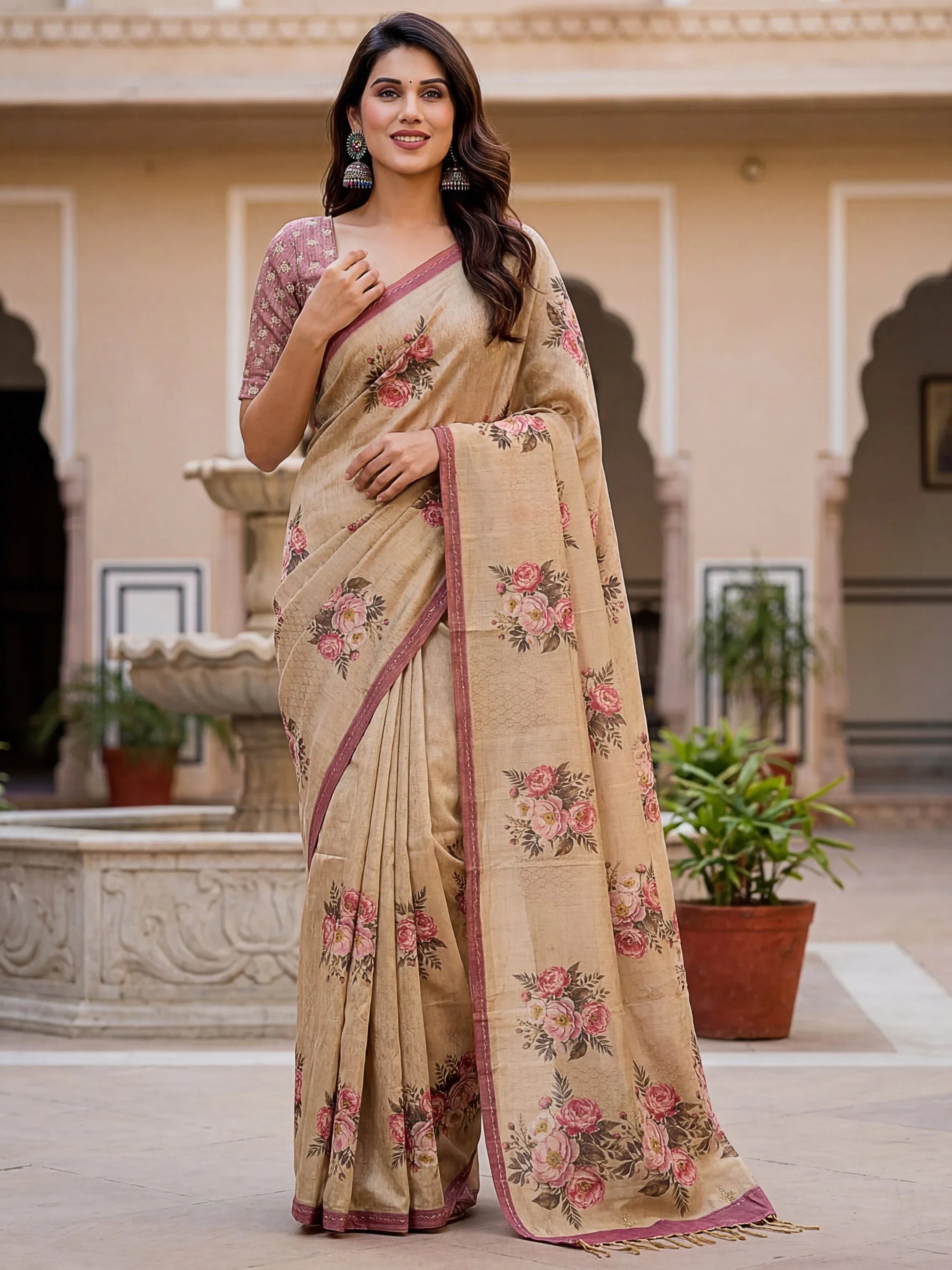 Classy Beige Digital Printed Silk Traditional Saree With Blouse