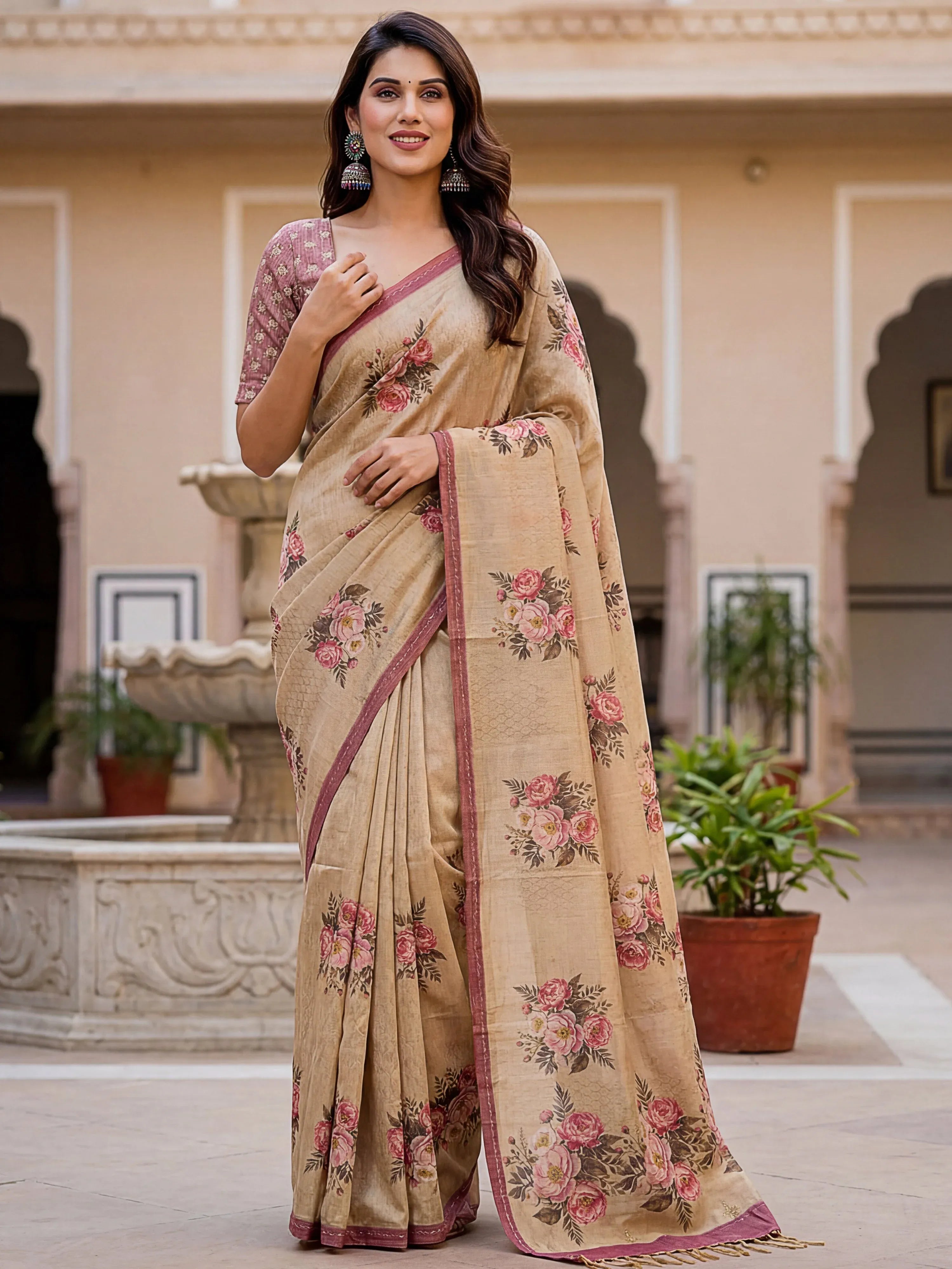 Classy Beige Digital Printed Silk Traditional Saree With Blouse