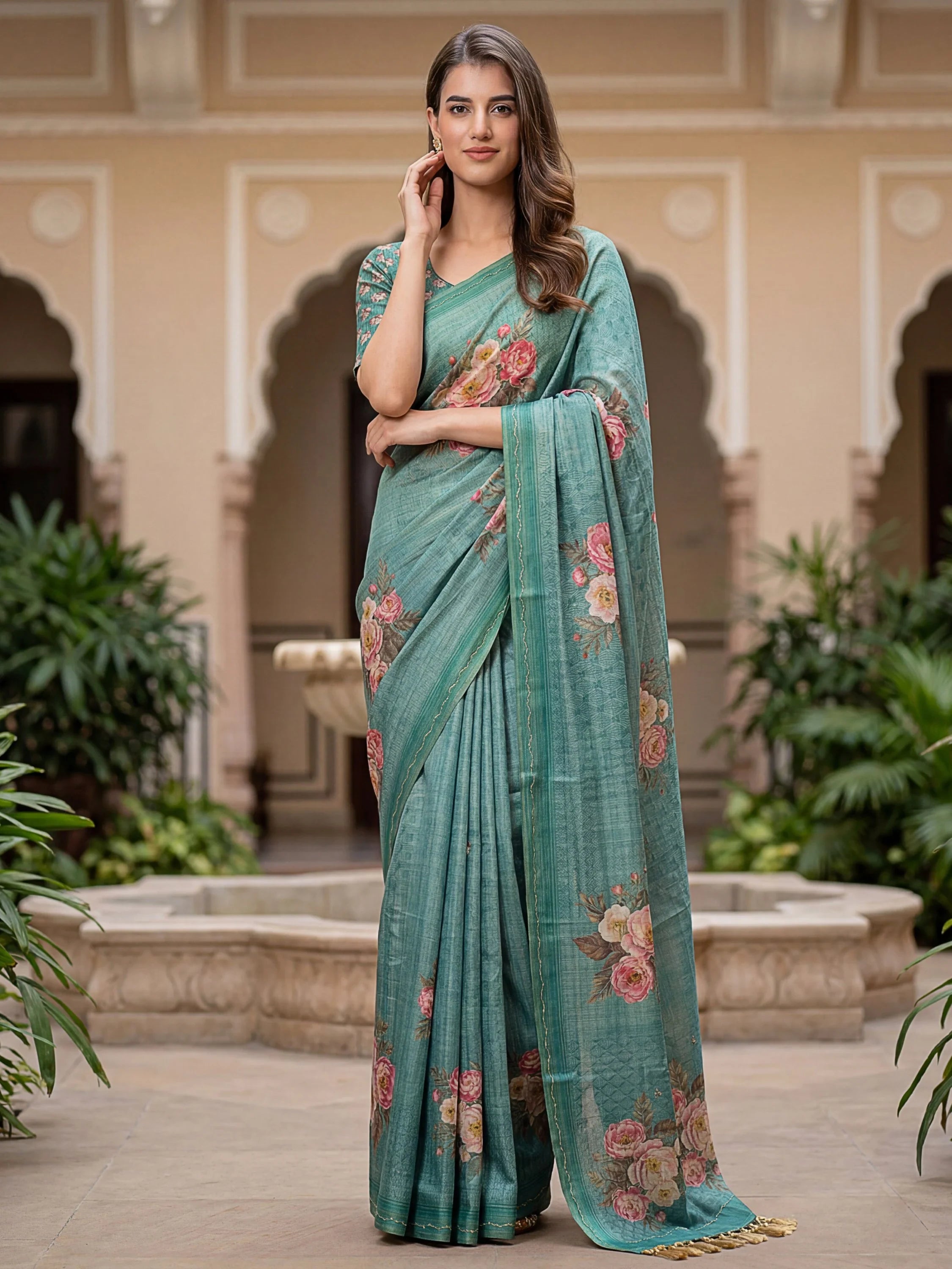 Aesthetics Teal Green Printed Silk Daily Wear Wear Saree With Blouse