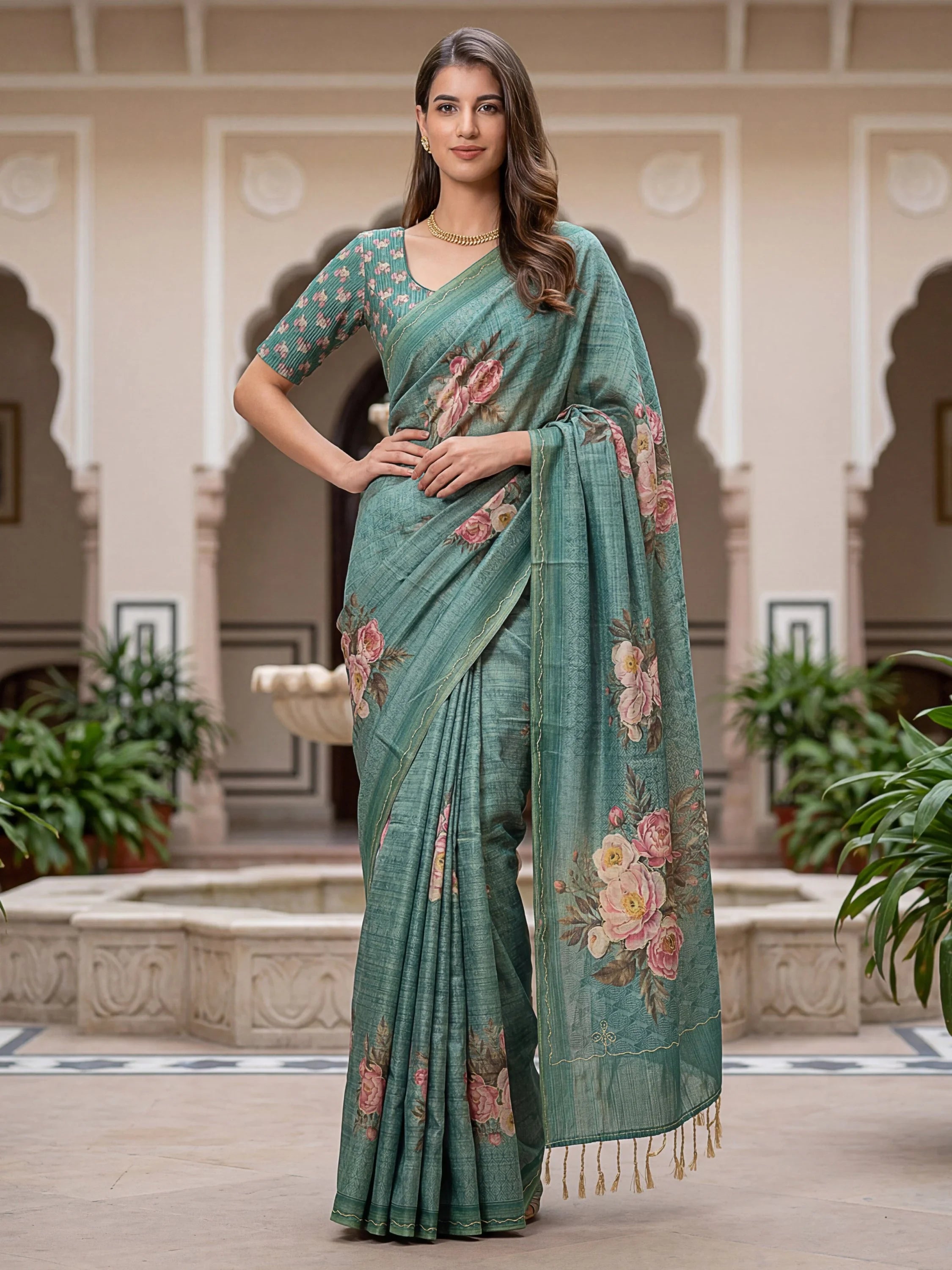 Aesthetics Teal Green Printed Silk Daily Wear Wear Saree With Blouse