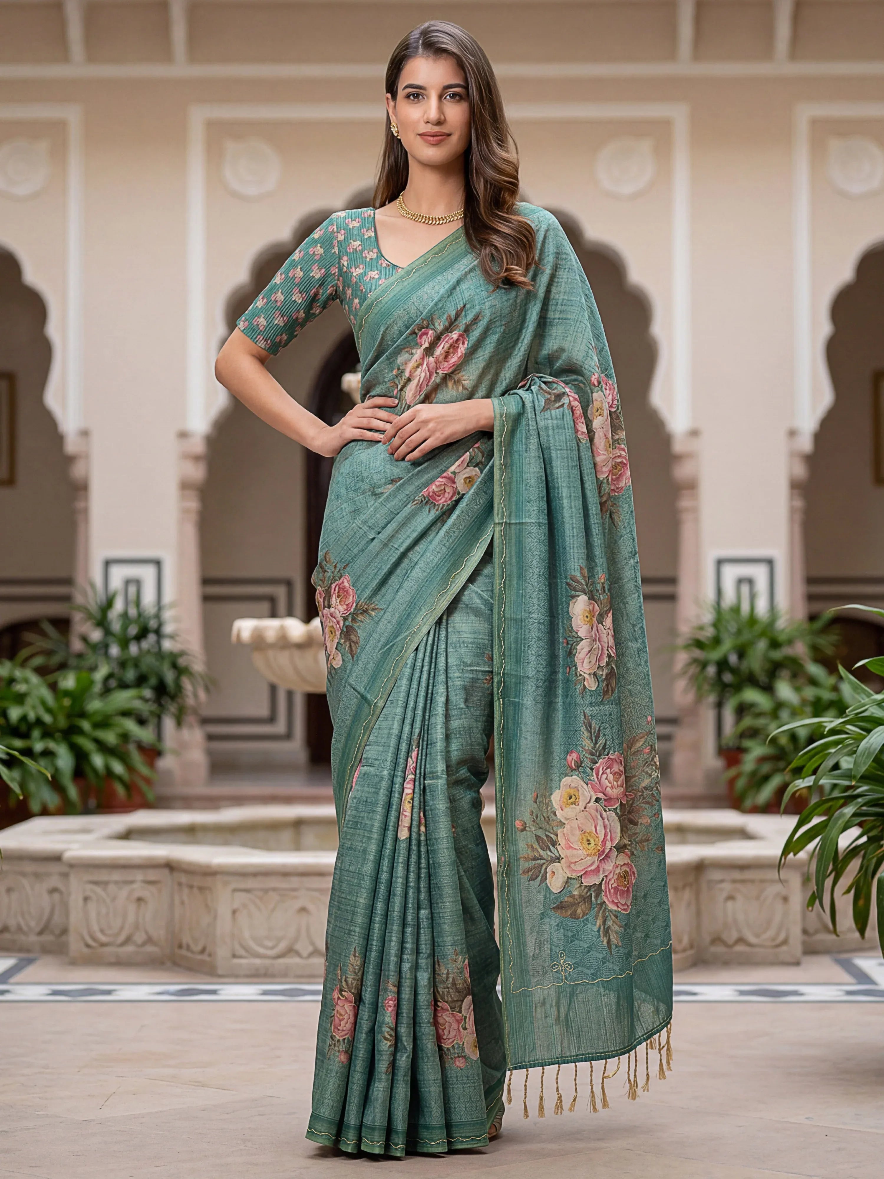 Aesthetics Teal Green Printed Silk Daily Wear Wear Saree With Blouse