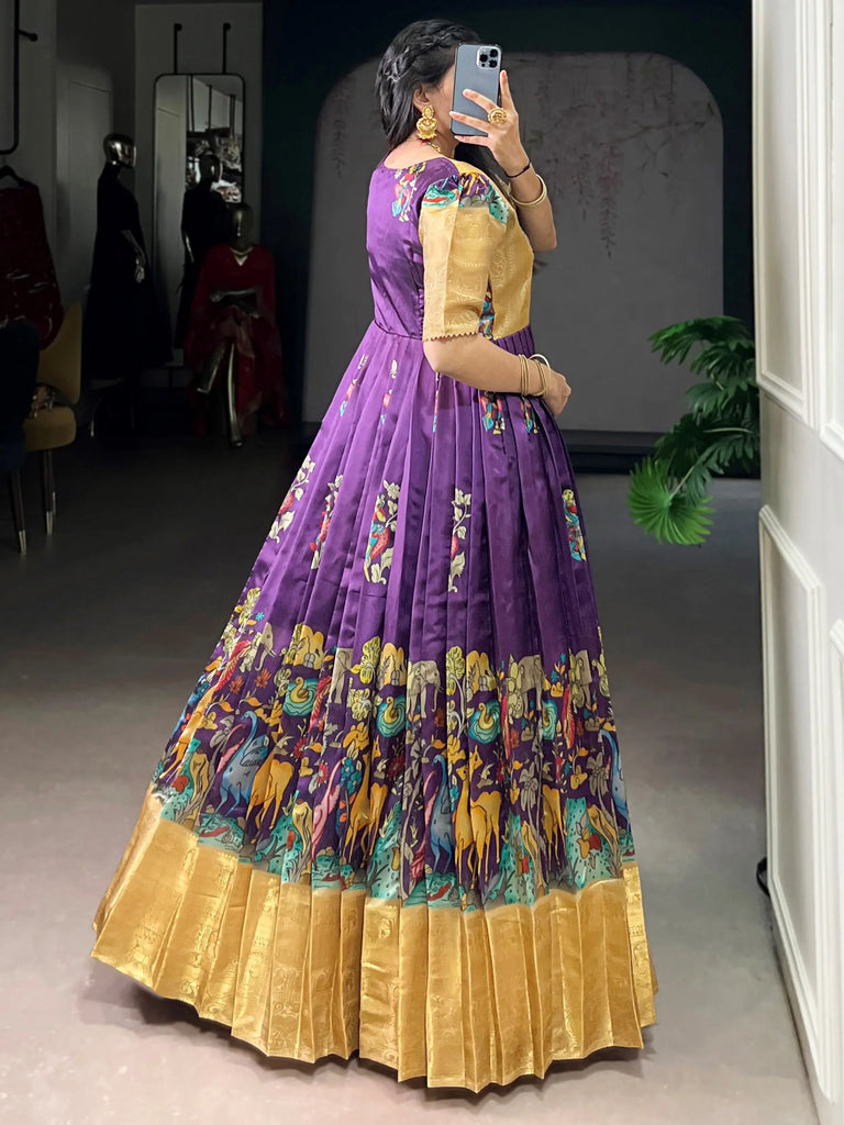 Outstanding Purple Pichwai Printed Silk Festival Wear Gown
