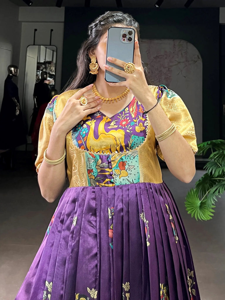 Outstanding Purple Pichwai Printed Silk Festival Wear Gown