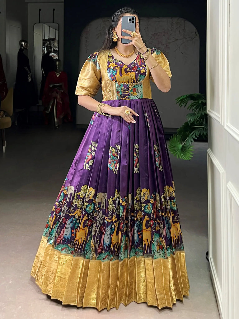 Outstanding Purple Pichwai Printed Silk Festival Wear Gown