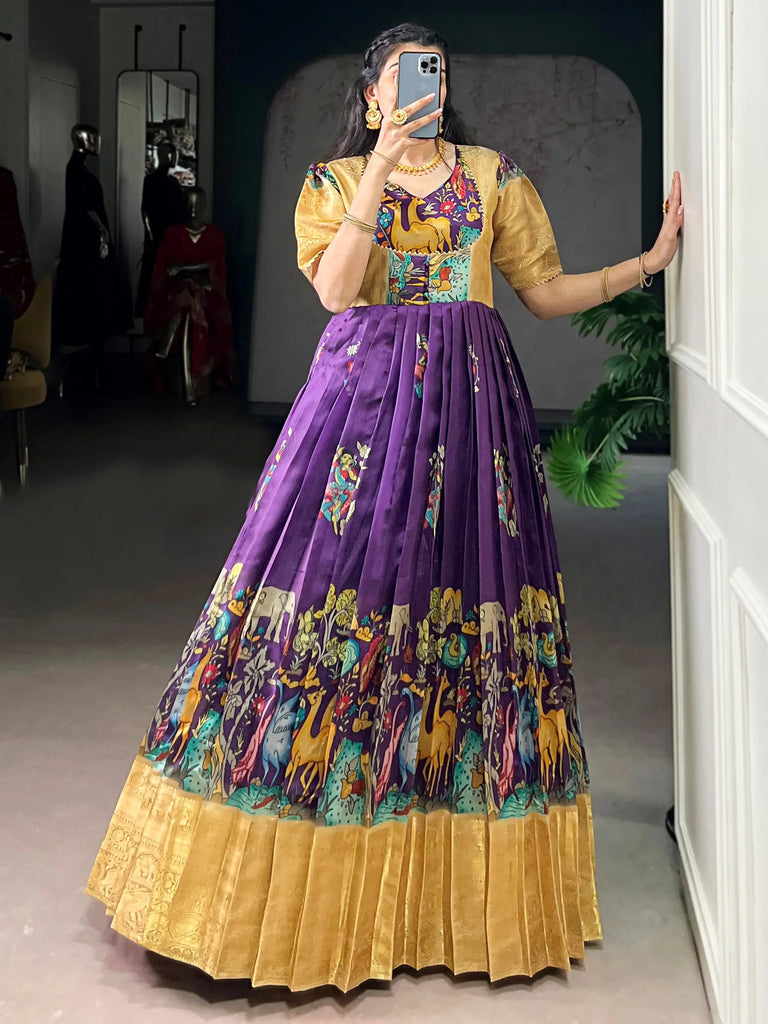 Outstanding Purple Pichwai Printed Silk Festival Wear Gown
