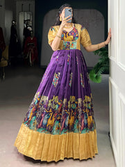 Outstanding Purple Pichwai Printed Silk Festival Wear Gown