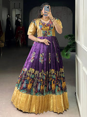 Outstanding Purple Pichwai Printed Silk Festival Wear Gown