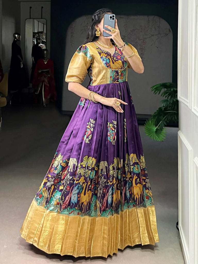 Outstanding Purple Pichwai Printed Silk Festival Wear Gown