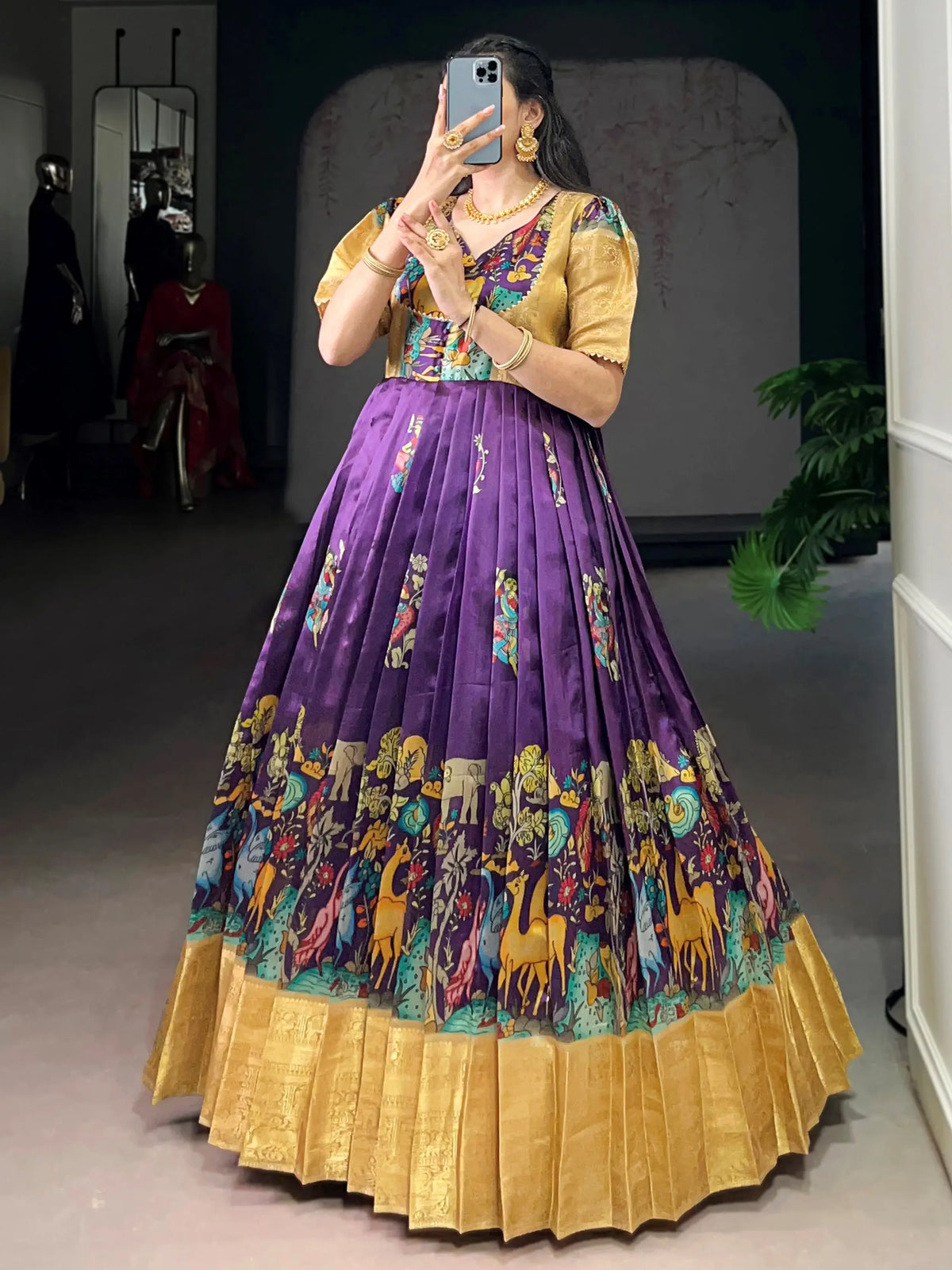 Outstanding Purple Pichwai Printed Silk Festival Wear Gown