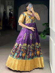 Outstanding Purple Pichwai Printed Silk Festival Wear Gown