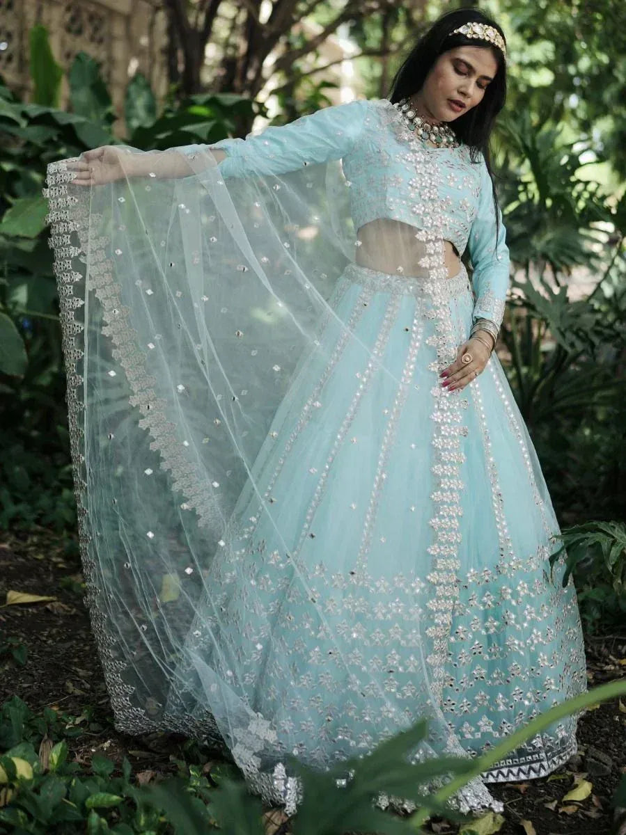 Light blue embroidered lehenga choli with sheer dupatta, perfect for Indian ethnic occasions