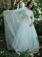 Elegant Sky Blue Foil Mirror Net Lehenga Choli