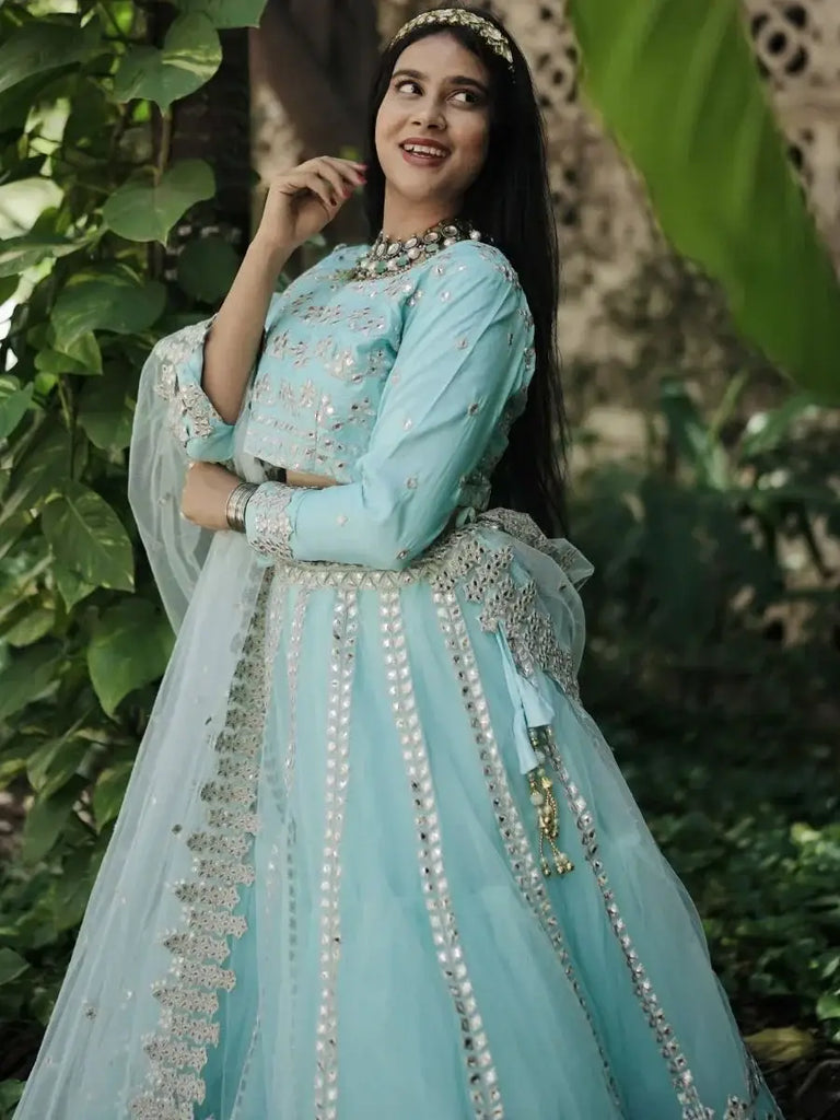 Elegant Sky Blue Foil Mirror Net Lehenga Choli