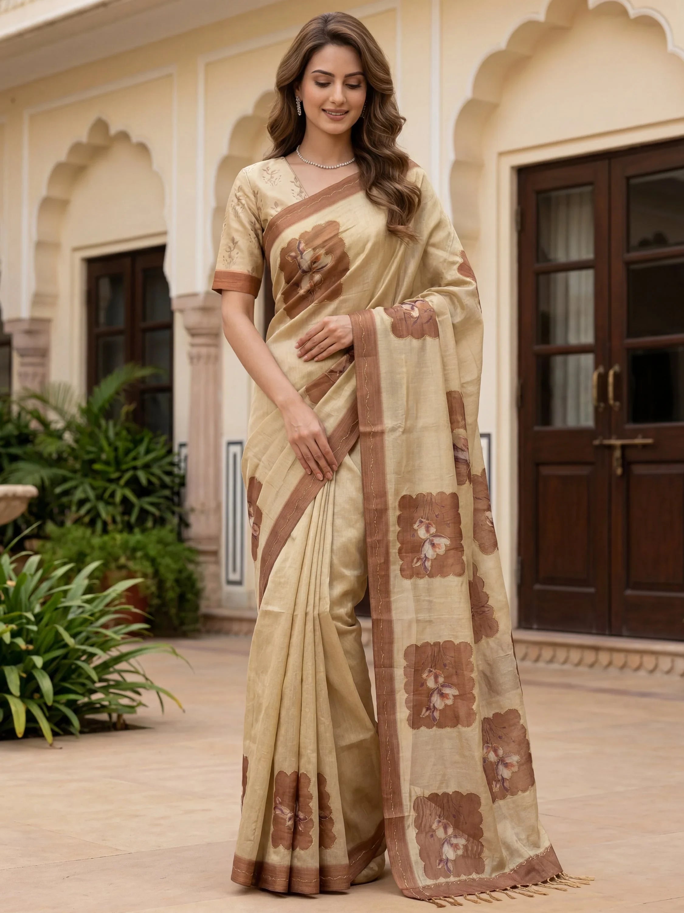 Impressive Beige Flower Printed Silk Bridesmaid Saree With Blouse