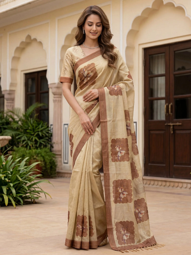 Impressive Beige Flower Printed Silk Bridesmaid Saree With Blouse