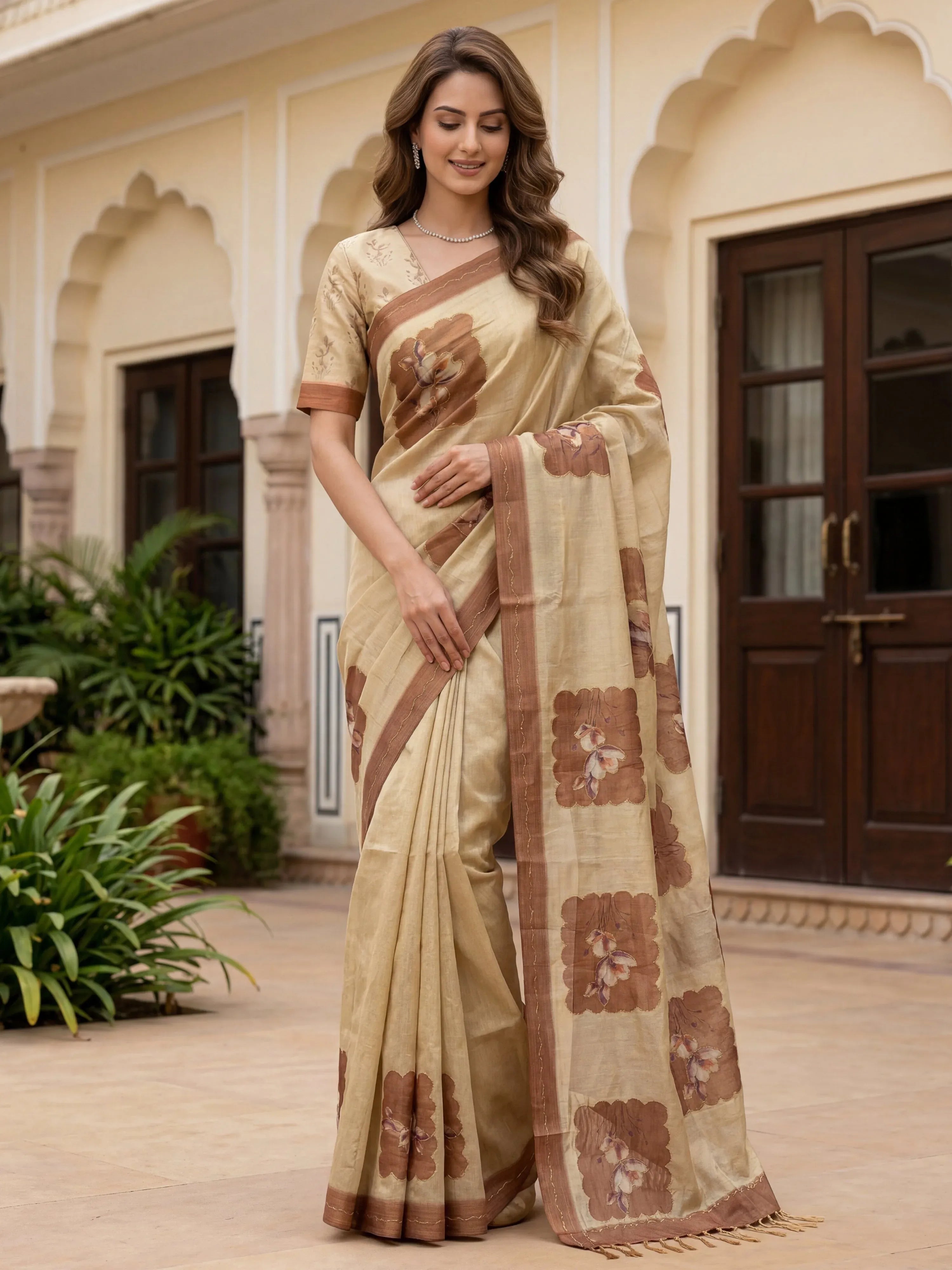 Impressive Beige Flower Printed Silk Bridesmaid Saree With Blouse