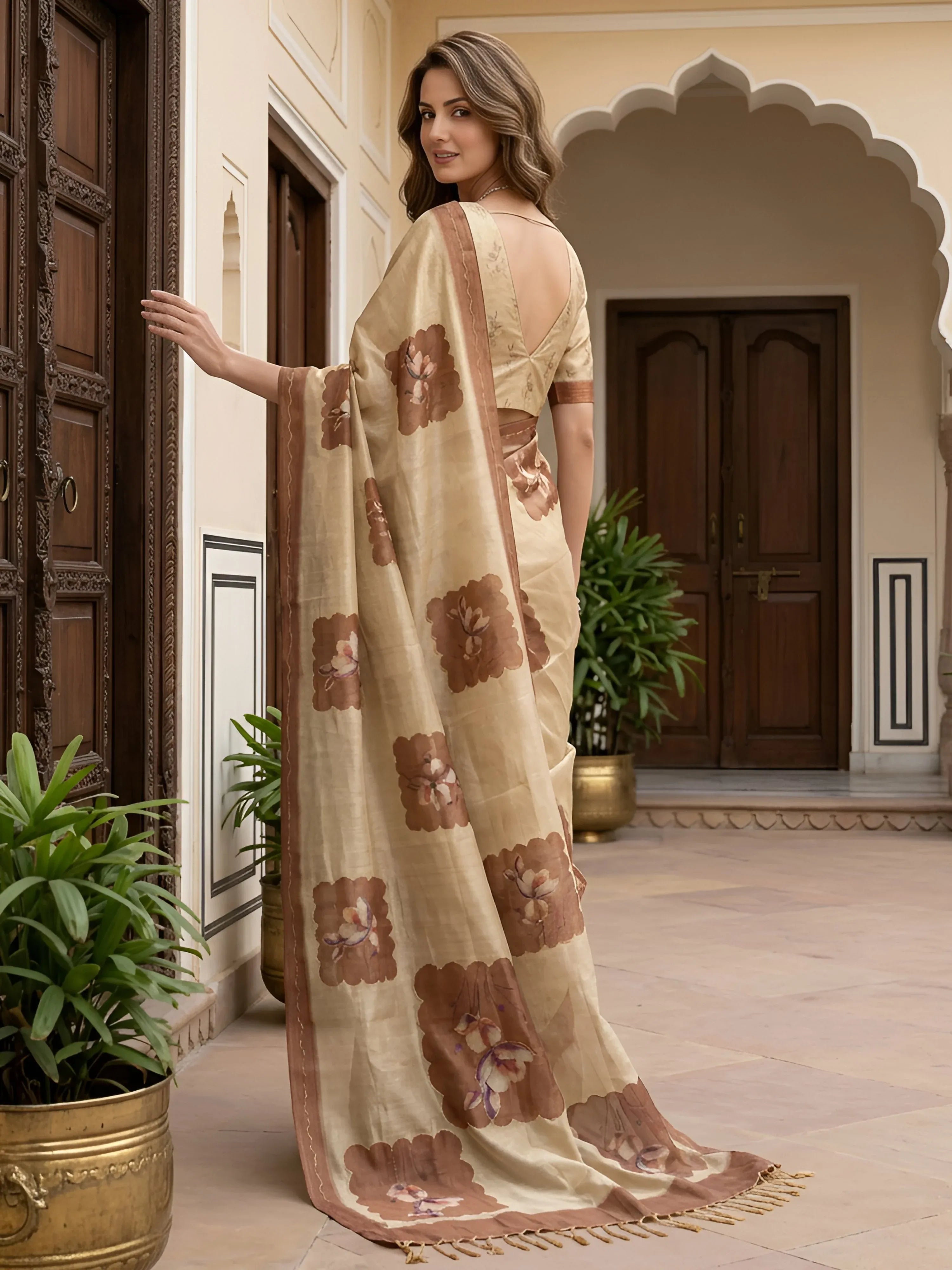 Impressive Beige Flower Printed Silk Bridesmaid Saree With Blouse