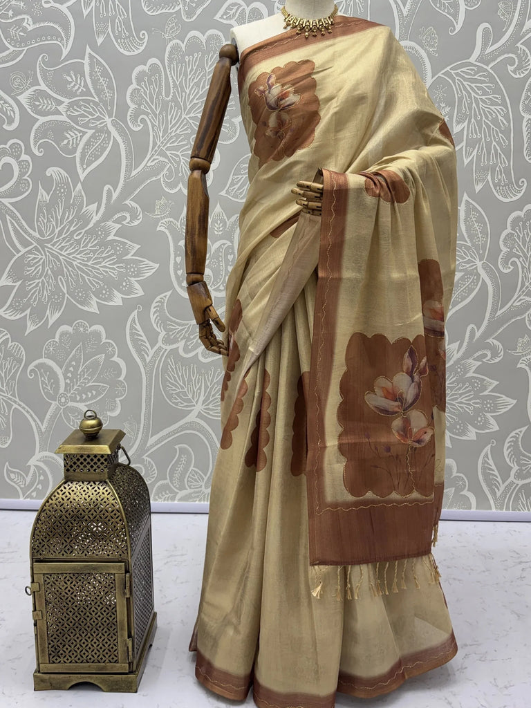 Impressive Beige Flower Printed Silk Bridesmaid Saree With Blouse