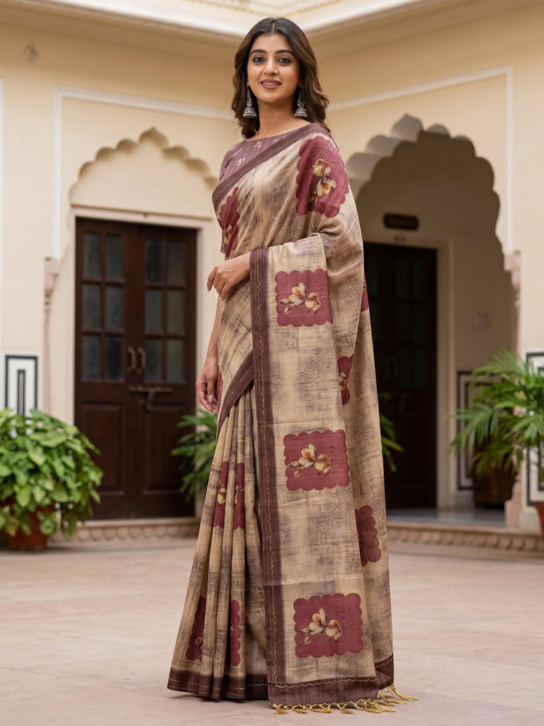 Incredible Light Brown Dori Work Silk Festive Wear Saree With Blouse