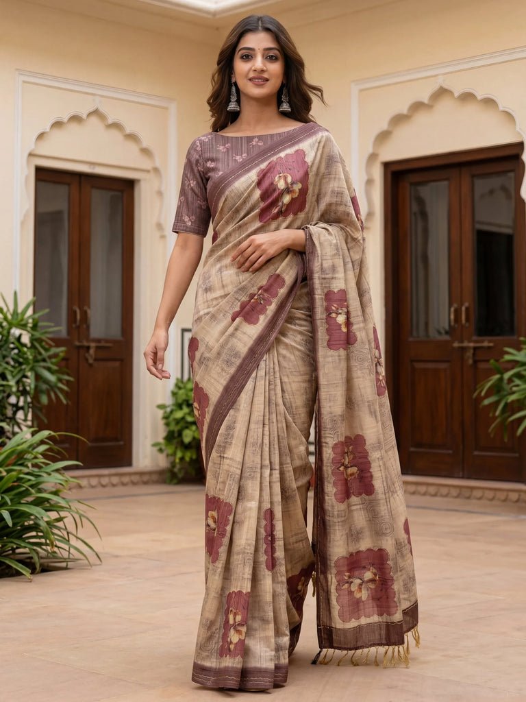 Incredible Light Brown Dori Work Silk Festive Wear Saree With Blouse