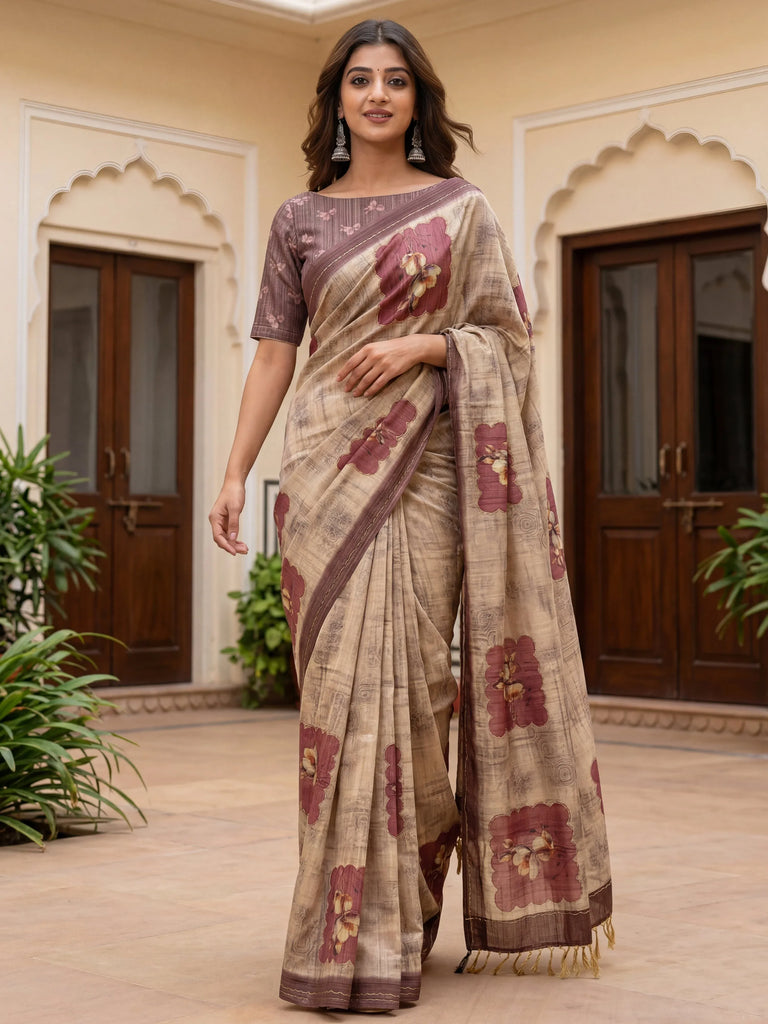 Incredible Light Brown Dori Work Silk Festive Wear Saree With Blouse