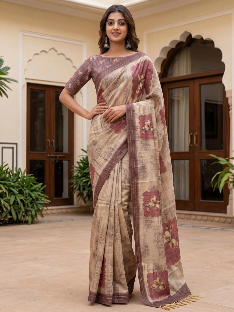 Incredible Light Brown Dori Work Silk Festive Wear Saree With Blouse