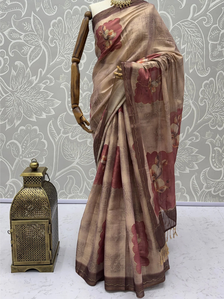 Incredible Light Brown Dori Work Silk Festive Wear Saree With Blouse