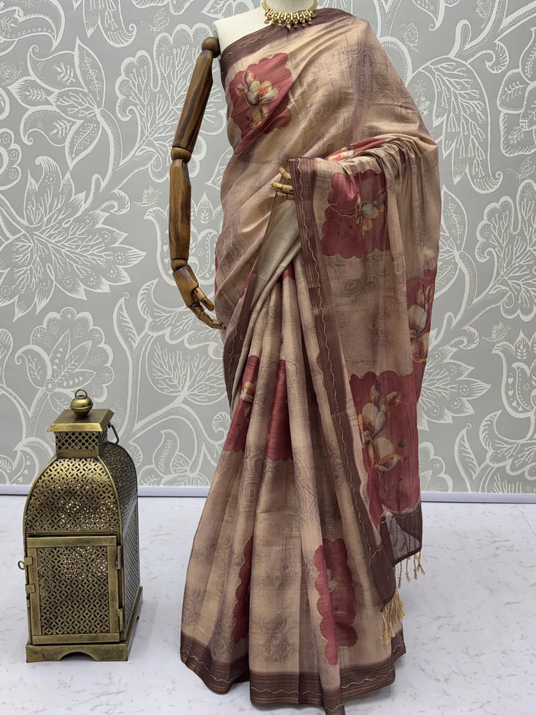 Incredible Light Brown Dori Work Silk Festive Wear Saree With Blouse