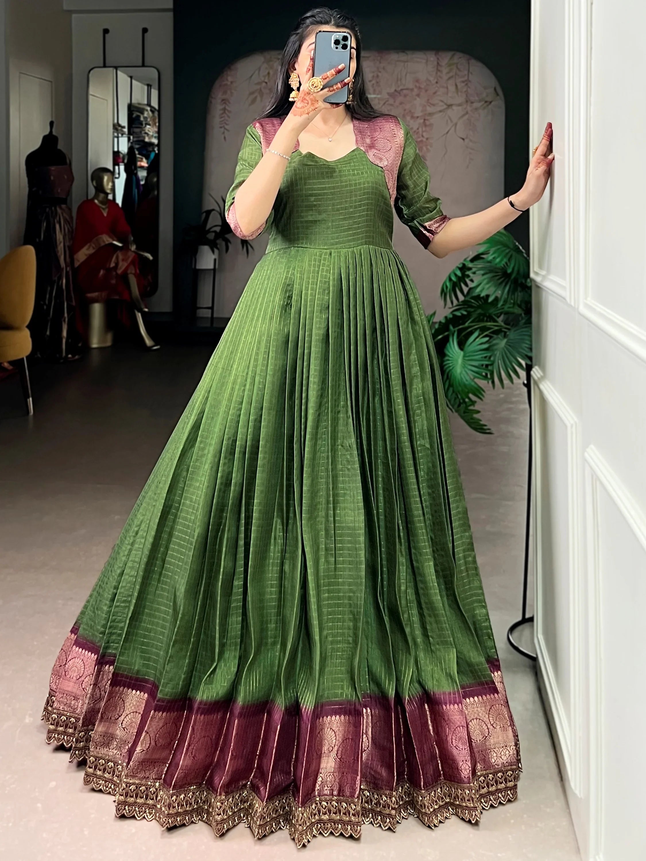 Wonderful Green Zari Weaving Silk Festival Wear Gown