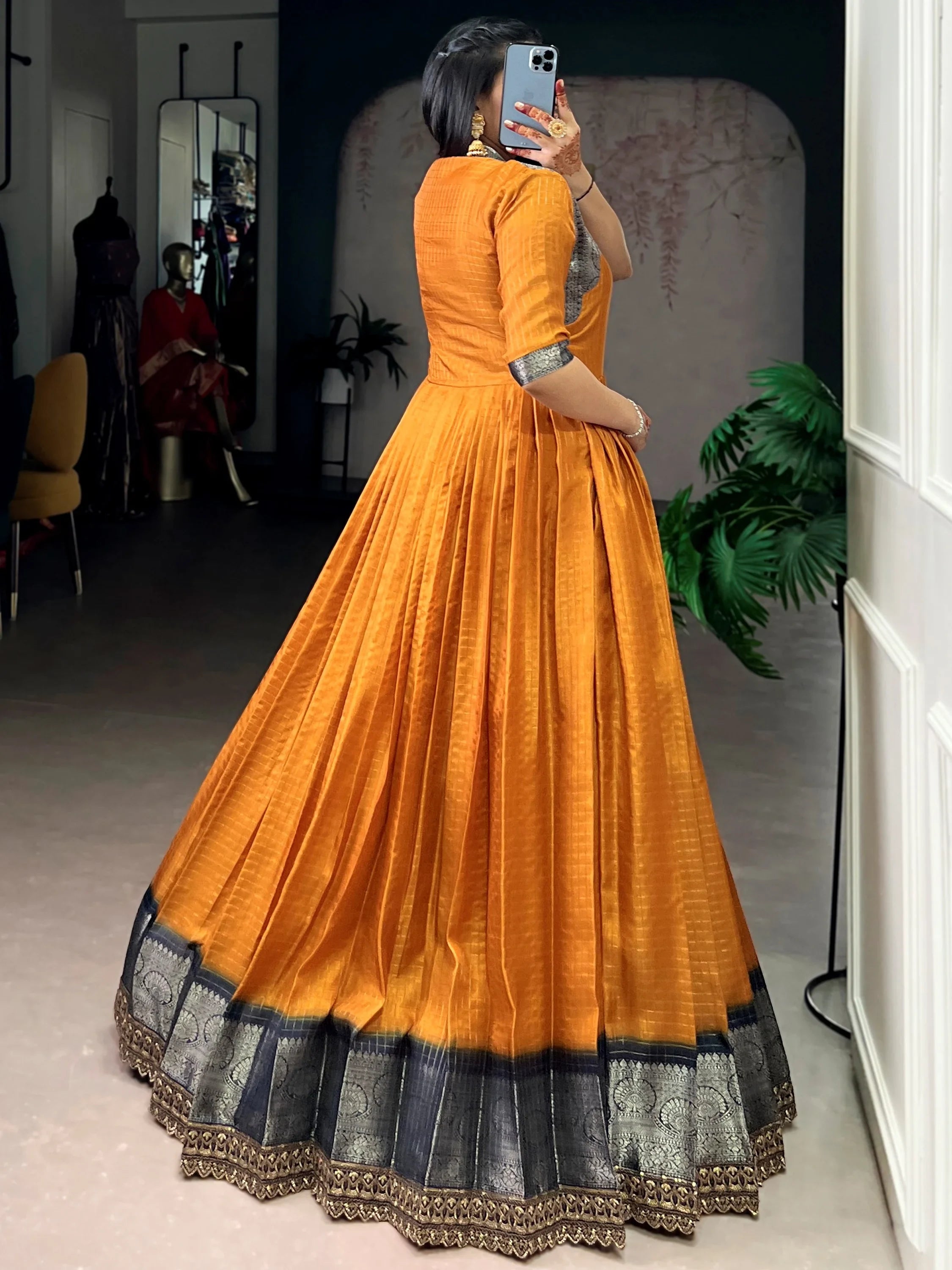 Incredible Mustard Yellow Zari Weaving Silk Function Wear Gown