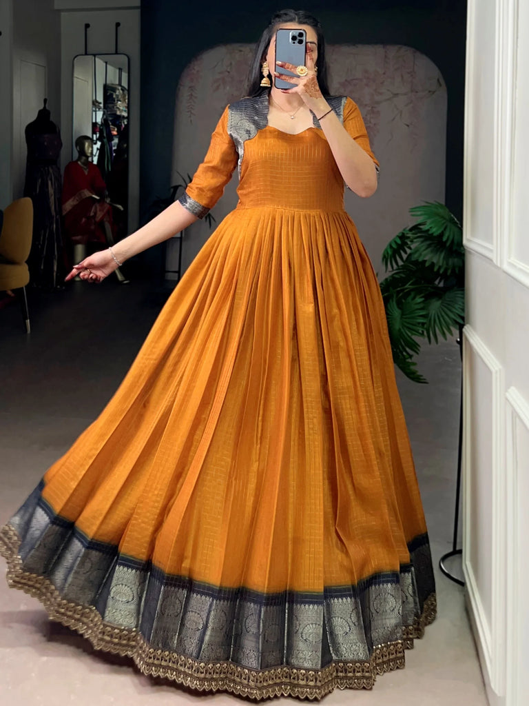 Incredible Mustard Yellow Zari Weaving Silk Function Wear Gown