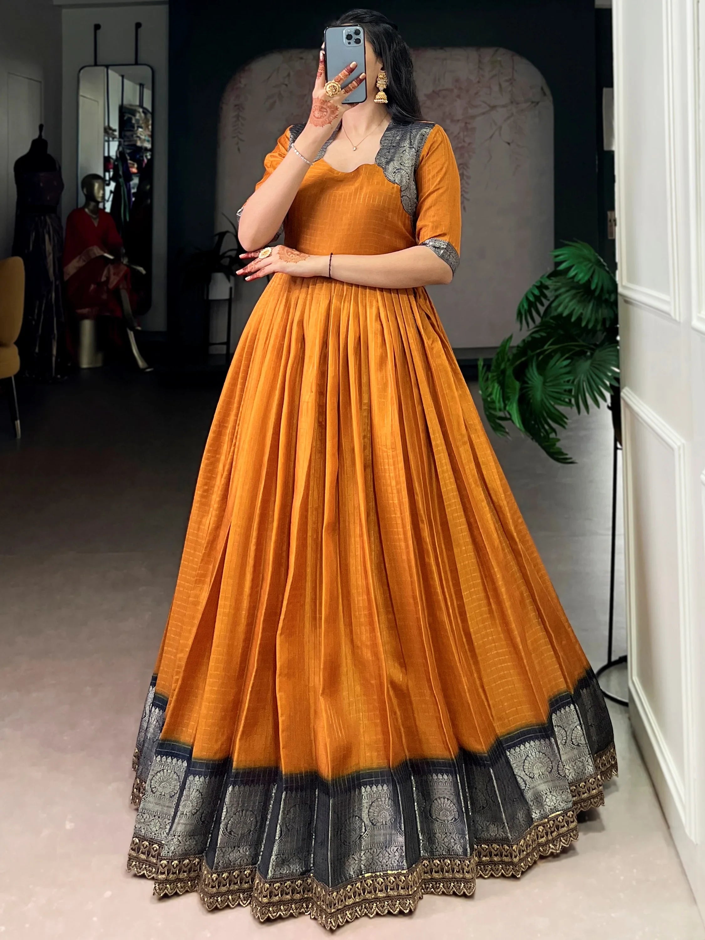 Incredible Mustard Yellow Zari Weaving Silk Function Wear Gown