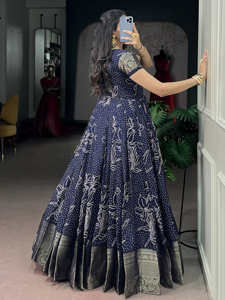 Awesome Navy Blue Weaving Border Cotton Traditional Gown