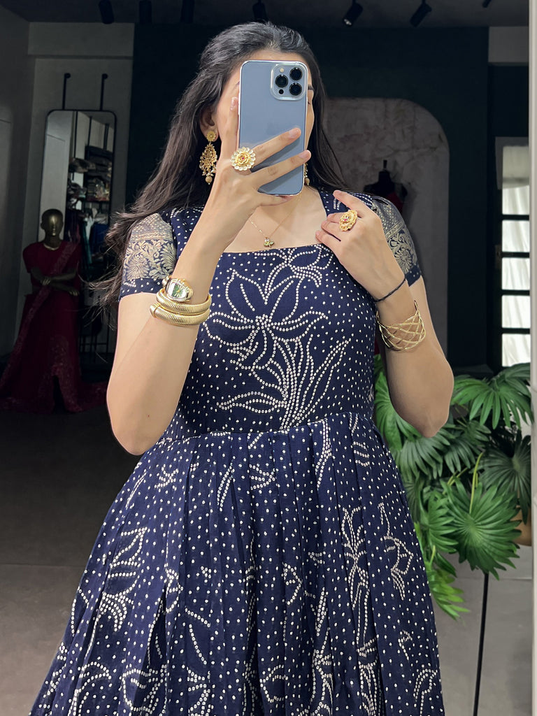 Awesome Navy Blue Weaving Border Cotton Traditional Gown