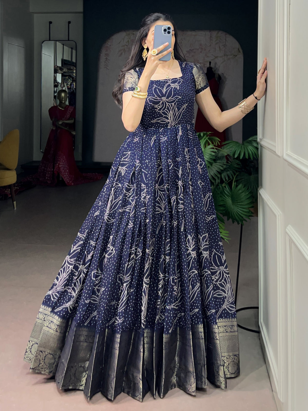 Awesome Navy Blue Weaving Border Cotton Traditional Gown