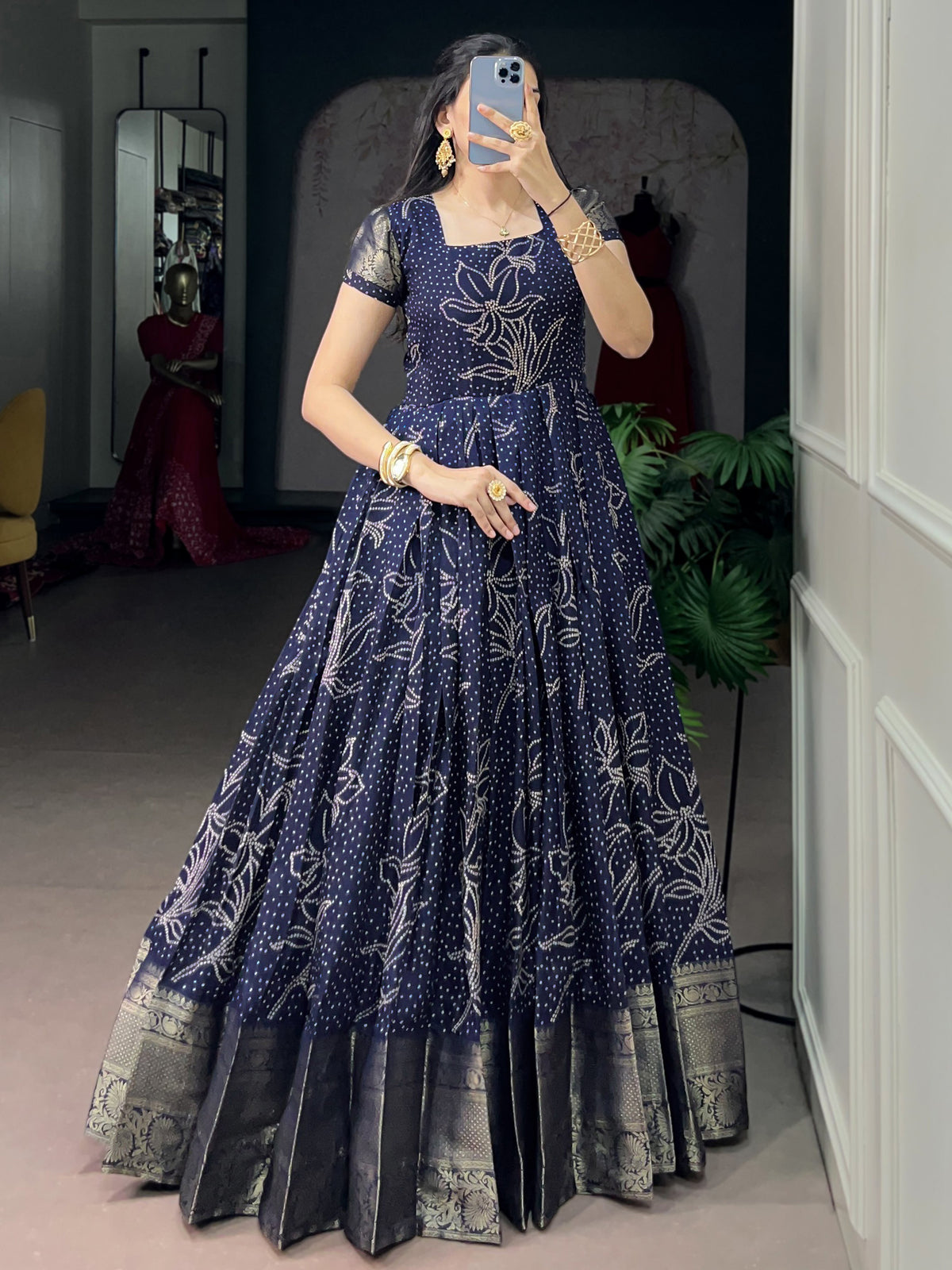 Awesome Navy Blue Weaving Border Cotton Traditional Gown