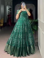 Mesmerizing Green Zari Weaving Cotton Function Wear Gown