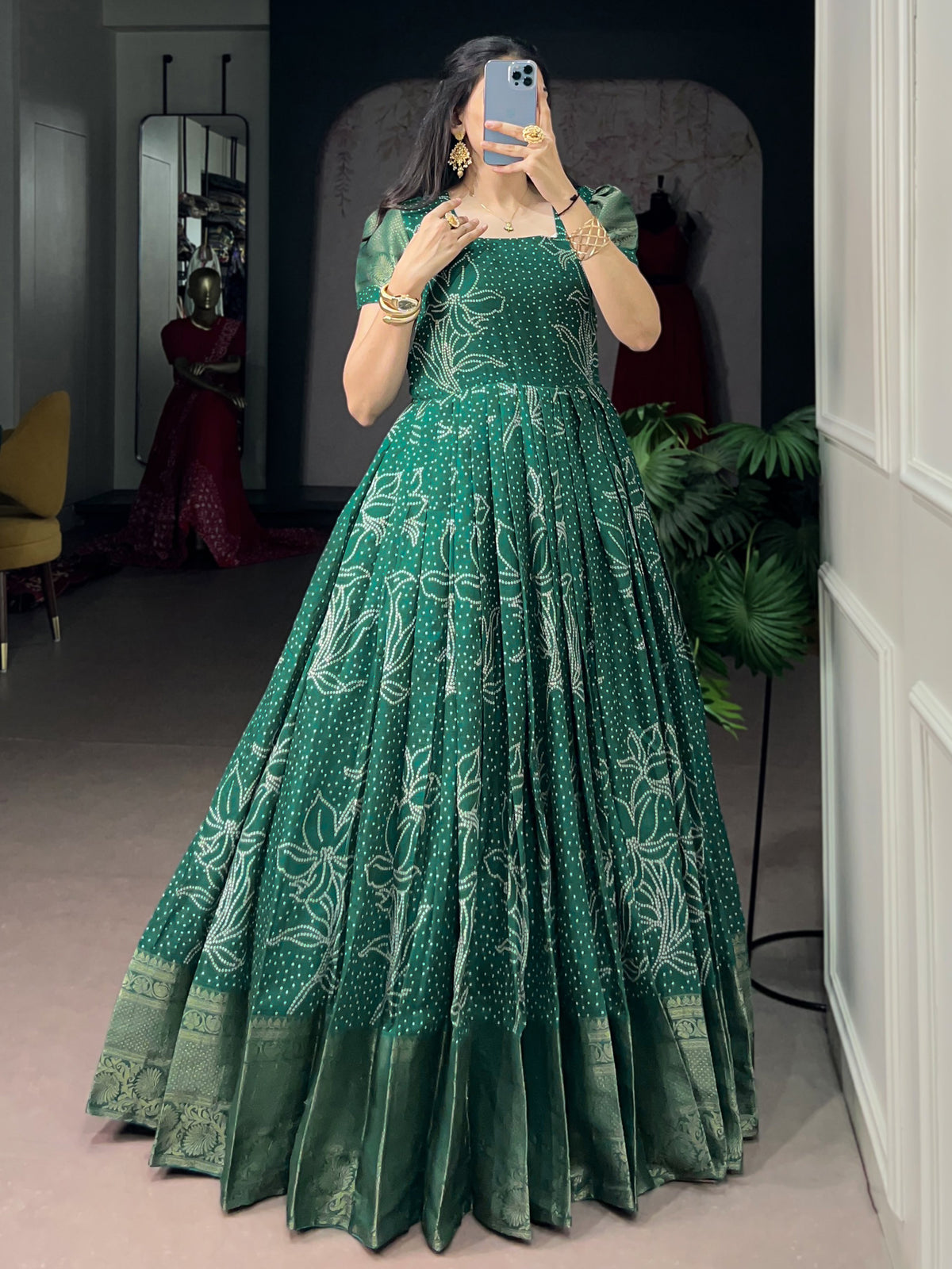Mesmerizing Green Zari Weaving Cotton Function Wear Gown
