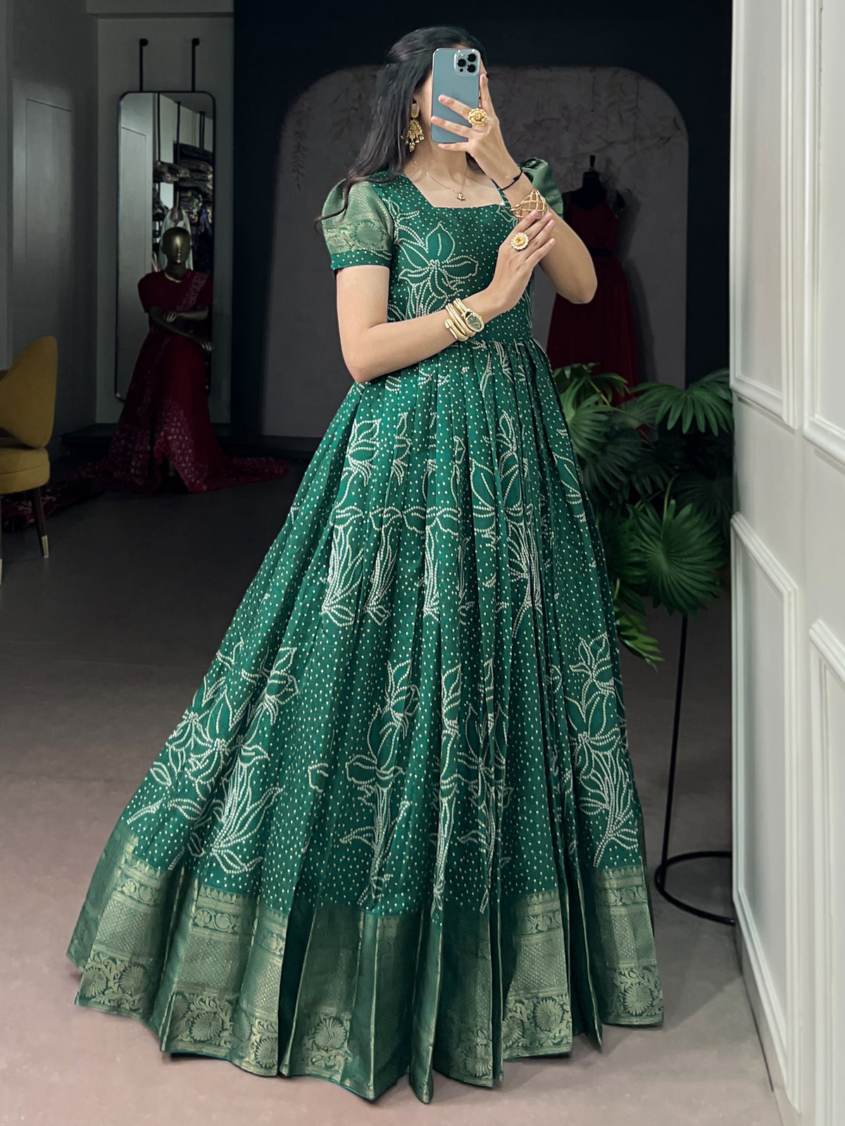 Mesmerizing Green Zari Weaving Cotton Function Wear Gown