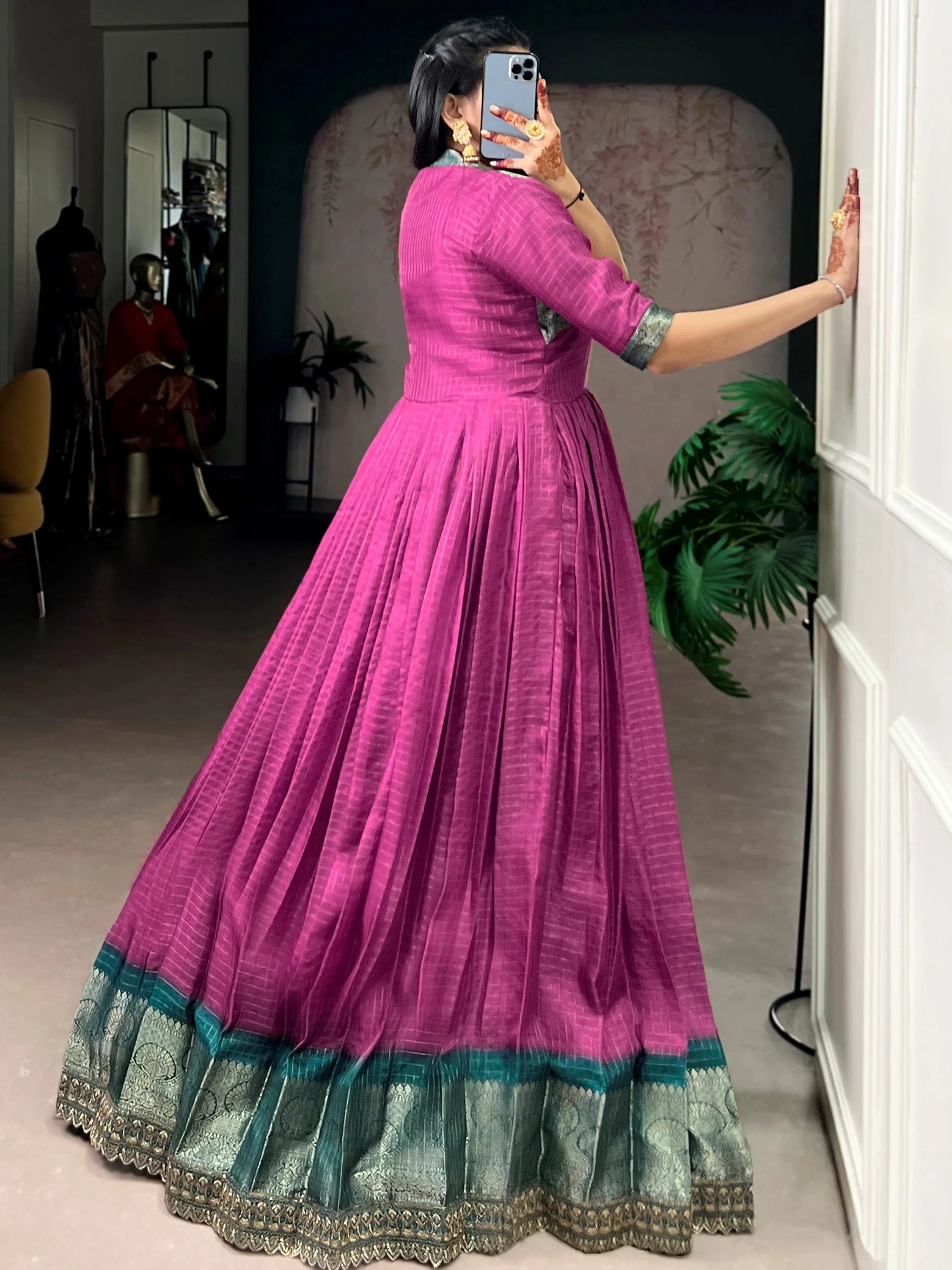 Outstanding Pink Zari Weaving Silk Wedding Wear Gown